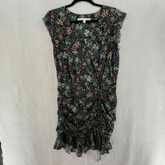 Veronica Beard Fountain Dress 8 Black Blue Ruched Short Sleeve Ruffles 100% Silk - Picture 1 of 10